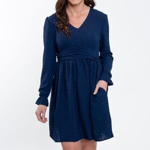 Elsie & Joey Hayden Swiss Dot Dress L XL Long Sleeve Ruched V Neck Pockets Blue
